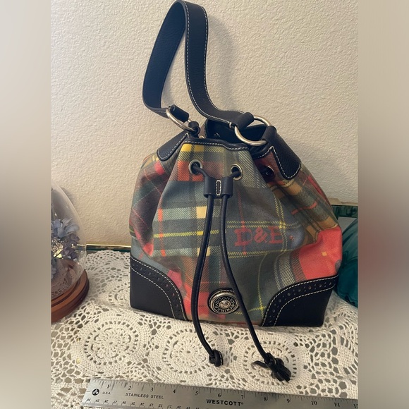 Dooney & Bourke coated cotton large drawstring bag w/ leather trim, used - Picture 1 of 12